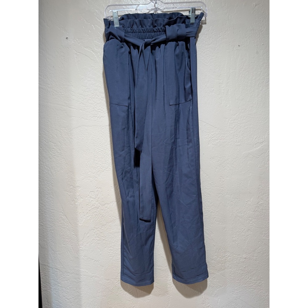 Grace Karin Women Slate Blue Paperbag Waist Tapered Pants Size L Tie Belt
